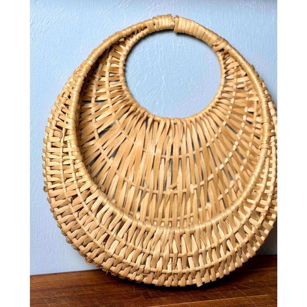 1970s Woven Wicker Wall Basket: Round Boho Farmhouse Decor (13-14" Tall) - Picture 6 of 10